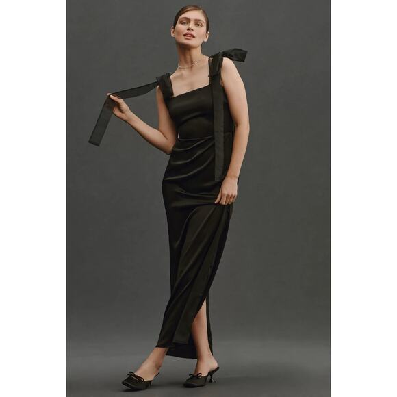 REFORMATION Kacia Black Satin Sheer Organza Bow Tie Straps Maxi Dress US 10 NWT - Picture 2 of 13